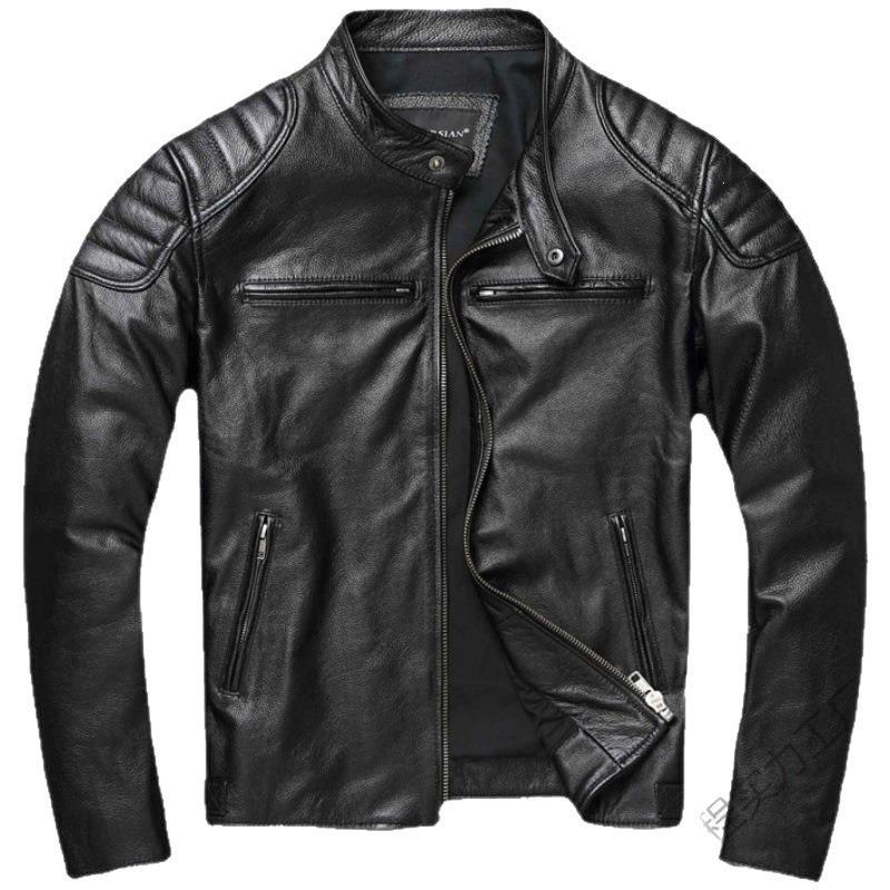 The new Khaki cowhide pattern is very good, leather jacket, men's stand-up collar lapel locomotive clothing, middle-aged and young men's leather jacke