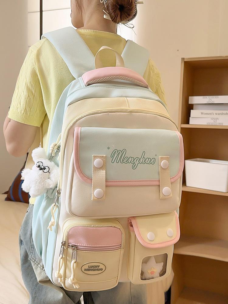 Cute Korean Style Color Block Backpack, Large Capacity for Junior & High School Girls, Laptop Compatible