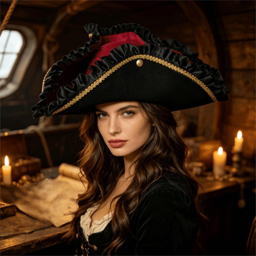 Gefalteter Rüschen-Dreieck-Piratenhut Federdekorationen Party-Dekorationshut Halloween-Requisiten