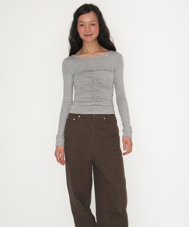 RONRON Shirring Bustier Long Sleeve T Shirt Gray