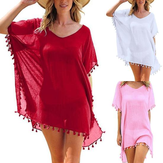 Summer Fashion Solid Color Tassel Chiffon Women Swimwear Bikini Cover Up Dress