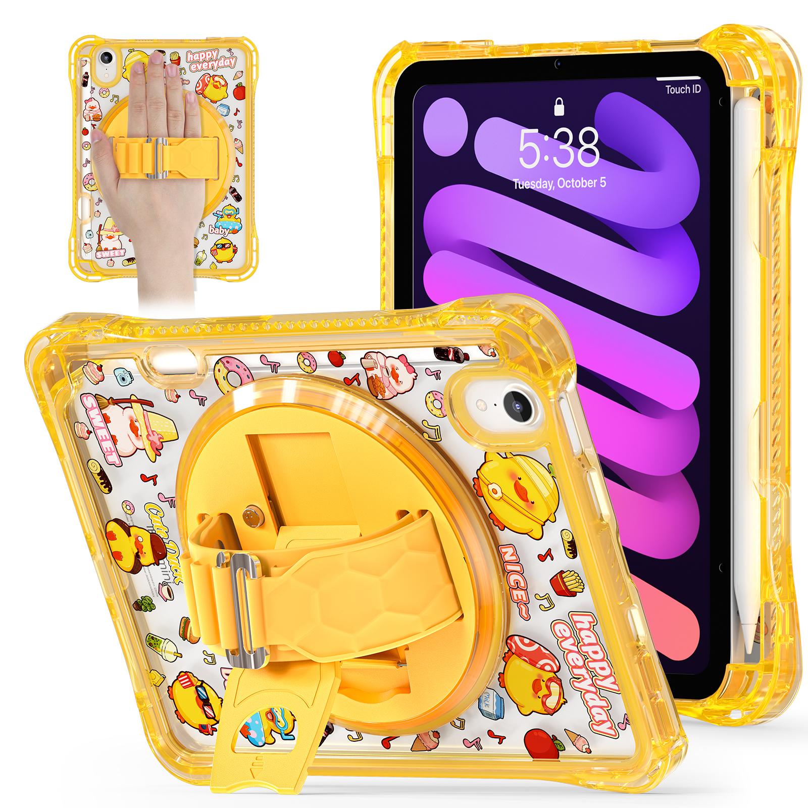 

Для iPad мини (2024)/(2021) Чехол с подставкой, ремешком для руки и принтом, PC+TPU+акрил, чехол для планшета Yellow