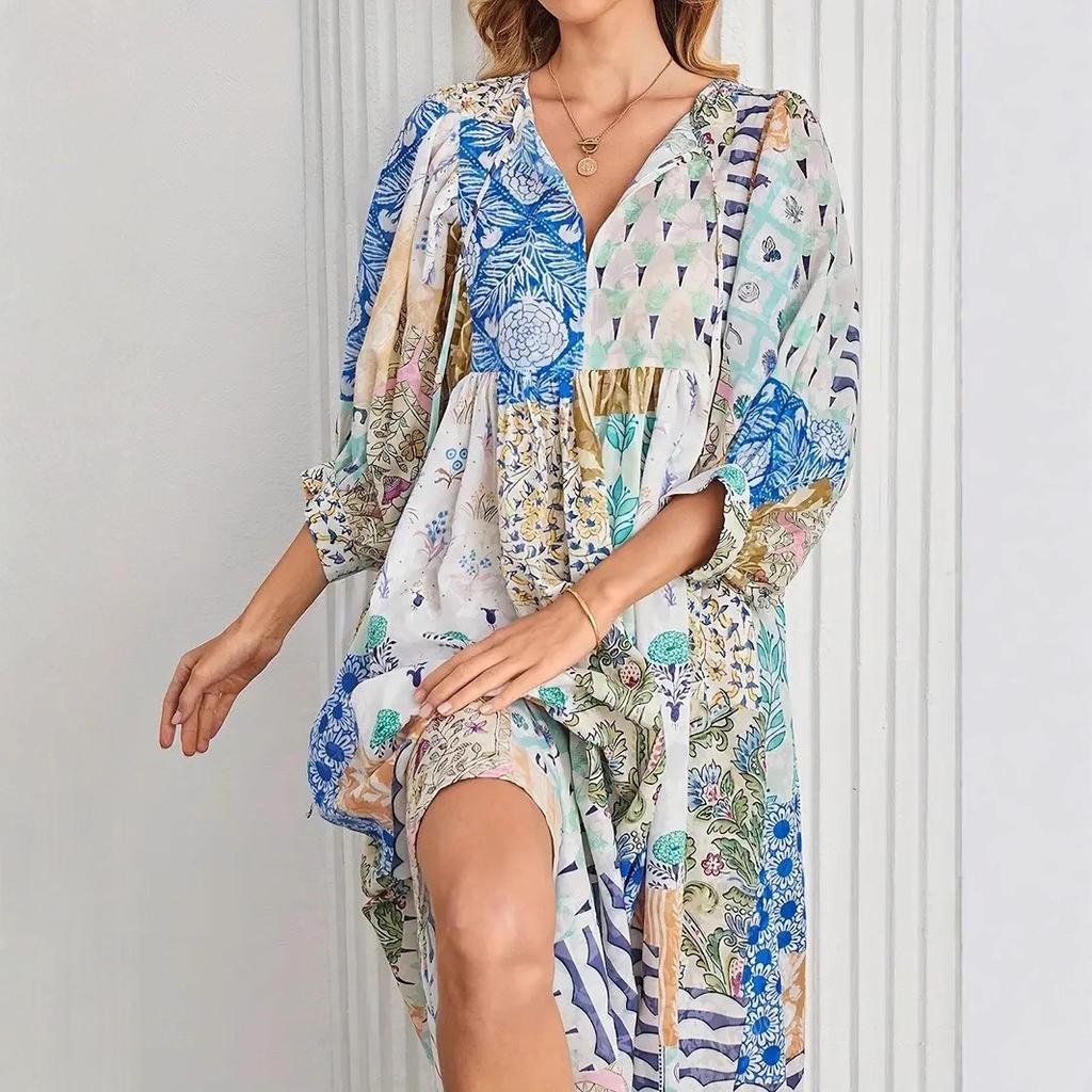 European and American explosive bohemian lantern sleeves fashion printing big pendulum long dress
