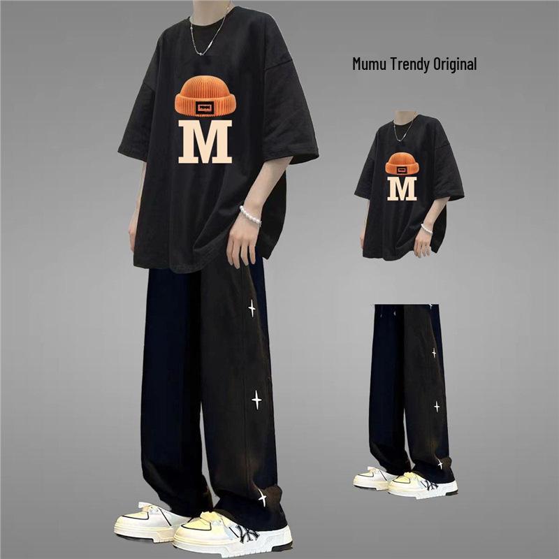 Men's Stylish Hong Kong Summer Outfit: Star Print Short Sleeve Top & Straight Leg Long Pants with Hat