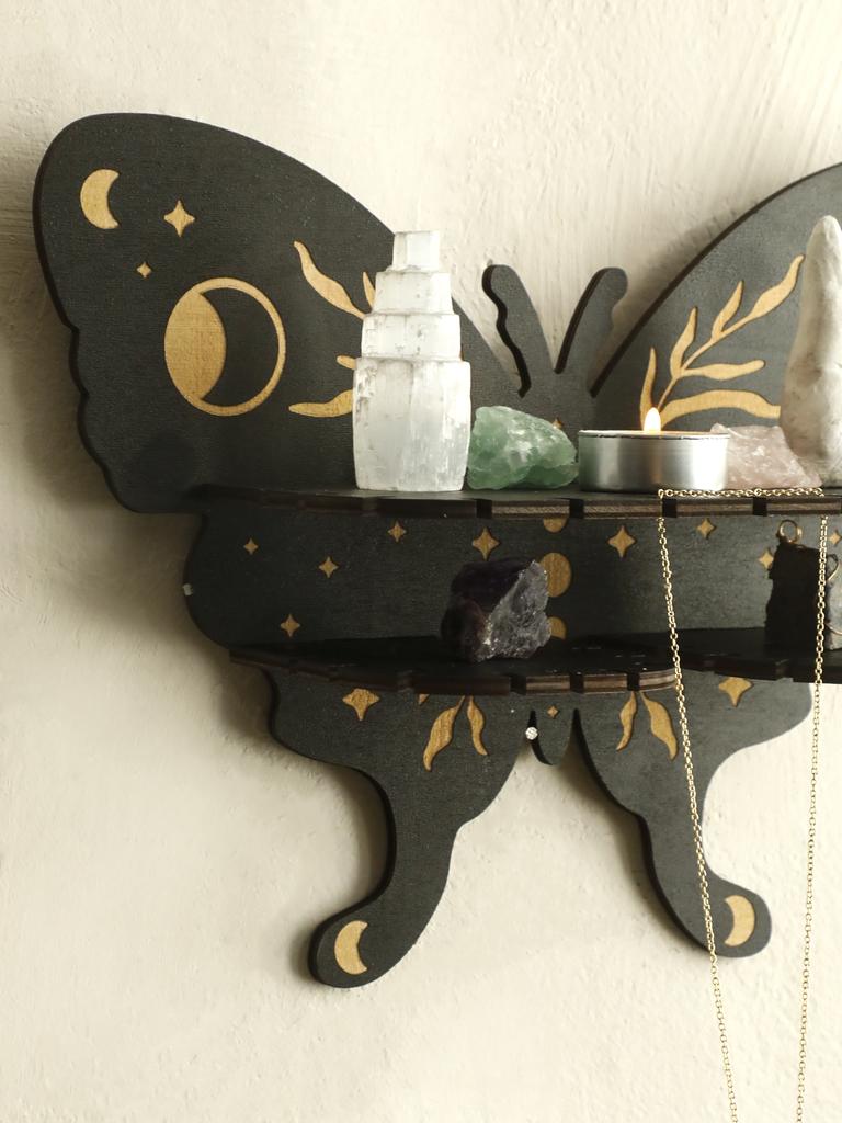 Black Butterfly Display Shelf Star&Moon Wood Floating Wall Shelves for Crystal Stone and Essential Oil Rack Witch Home Decor