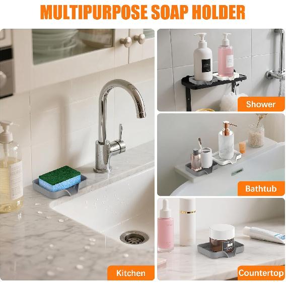 Silicone Soap Dish for Shower with Self Draining, 2 Pack Soap Holder for Bathroom, Silicone Sponge Holder for Kitchen Sink, Soap Tray for Dispenser,