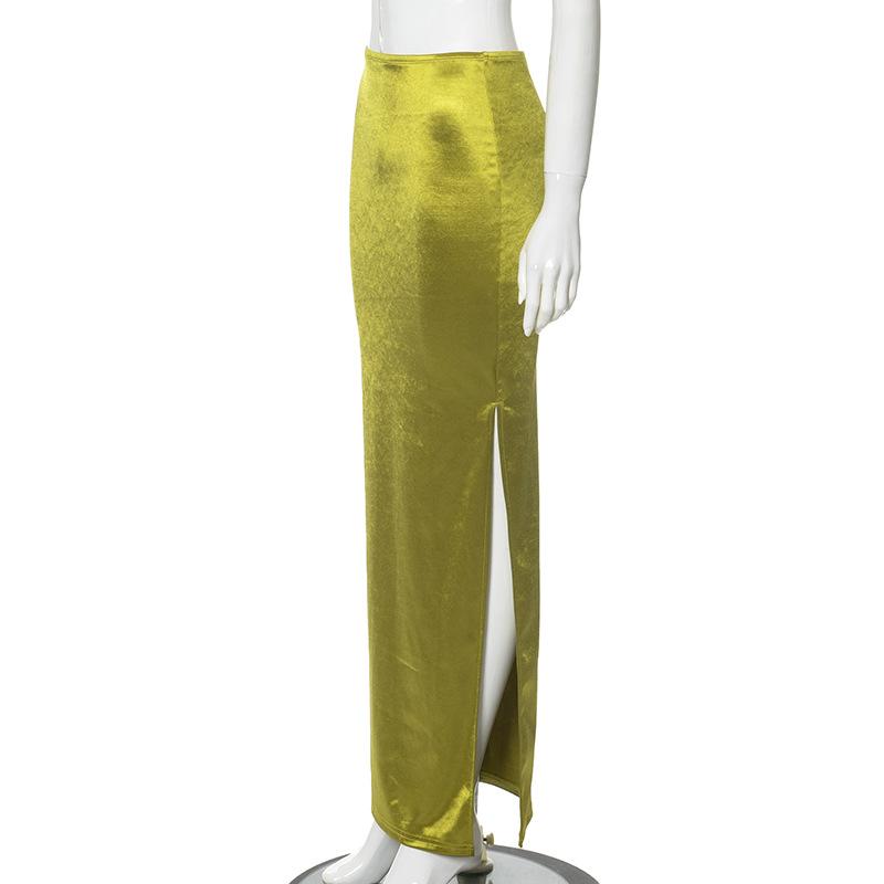 Lato Nowa Linia A Jednolita Elegancka Spódnica Damska Casual Jasna Rozcięcie Slim Fit Długa Spódnica Odzież Damska Vintage Wysoki Stan Vintage Seksowna Spódnica Damska 25717