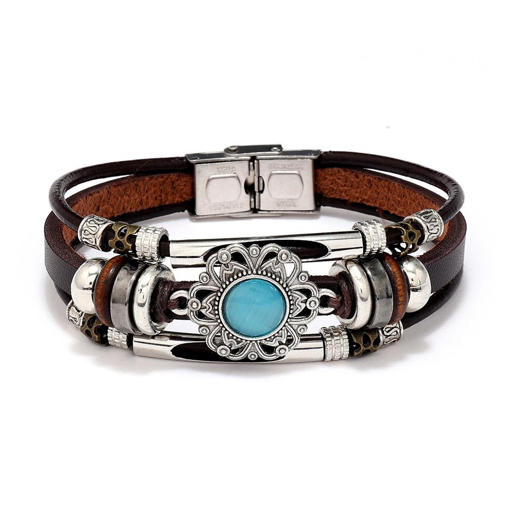 

Винтажный этнический бирюзовый браслет из кожи «кошачий глаз» для мужчин, регулируемый многорядный из нержавеющей стали, бохо, ручная работа, украшения для женщин