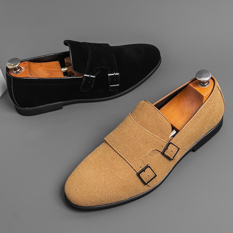 New Arrival Designer Men's Suede Leather Wedding Dress Shoes Male Pointed Driving Monk Strap Loafers Zapatos Hombre
