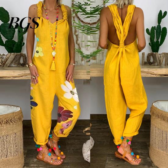 Kvinders Ærmeløs Hagesmækdragt Rygløs Blomstret Print Løstsiddende Jumpsuit Dungarees