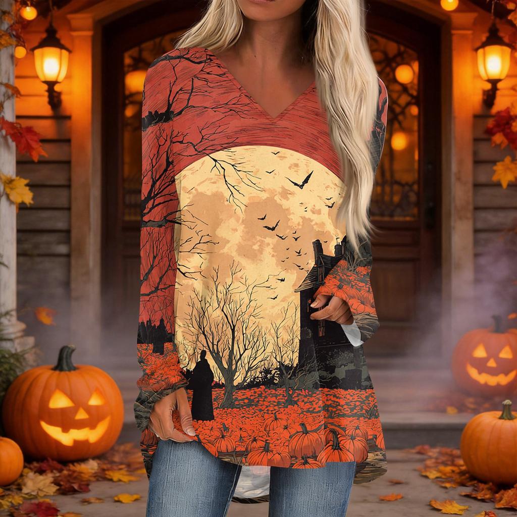 Women's Casual Long Sleeve V-Neck Print Mid-Length Tunic Top