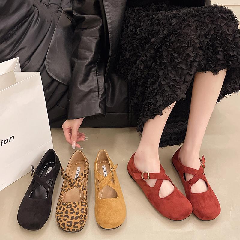 New Women Leopard Red Black Burgundy Velvet Round Toe Cross Strap Buckle Low Top Slip On Flat Mary Jeans Loafers Ballet Shoes