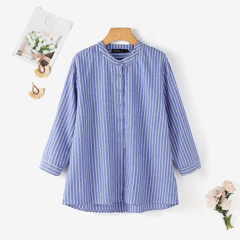 ZANZEA Women Casual Round Neck 3/4 Sleeve Loose Stripe Blouse