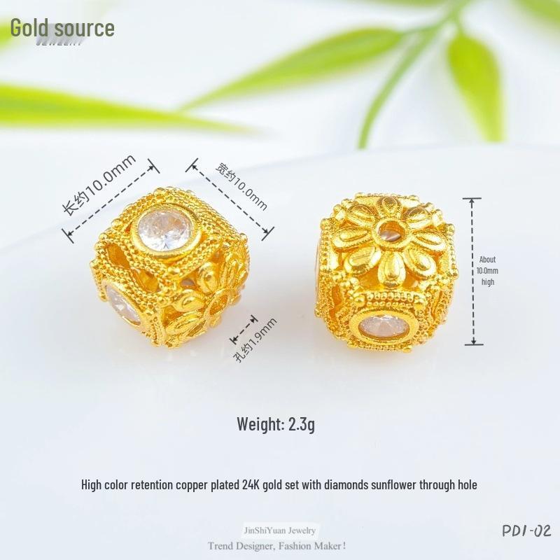 24K Gold Zircon Large Hole Spacer Beads - High Retention Copper Plated Barrel Flower Crown for DIY Bracelets