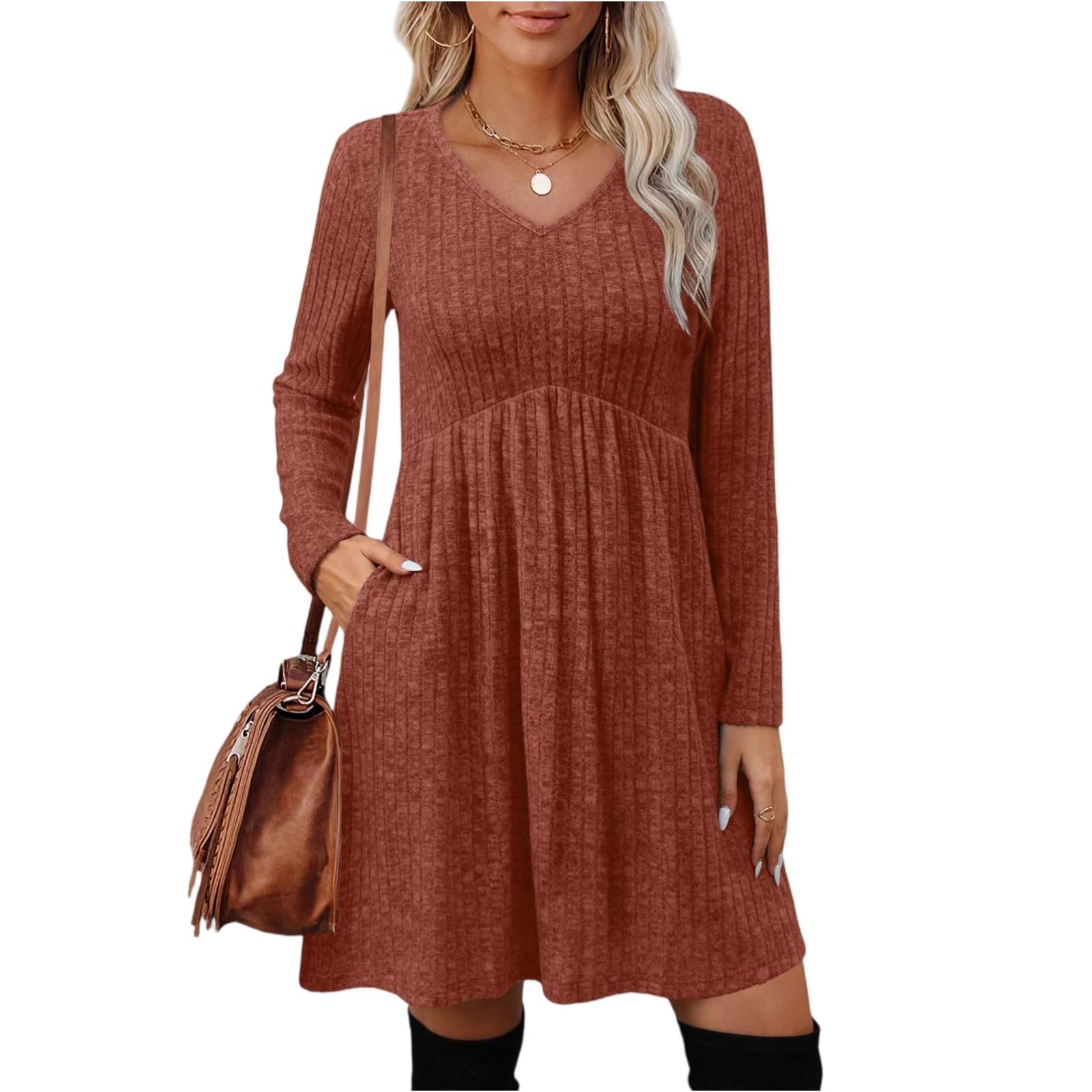 

Women s Long-sleeved V-neck High-waisted Elastic Pocket Striped Dress XL