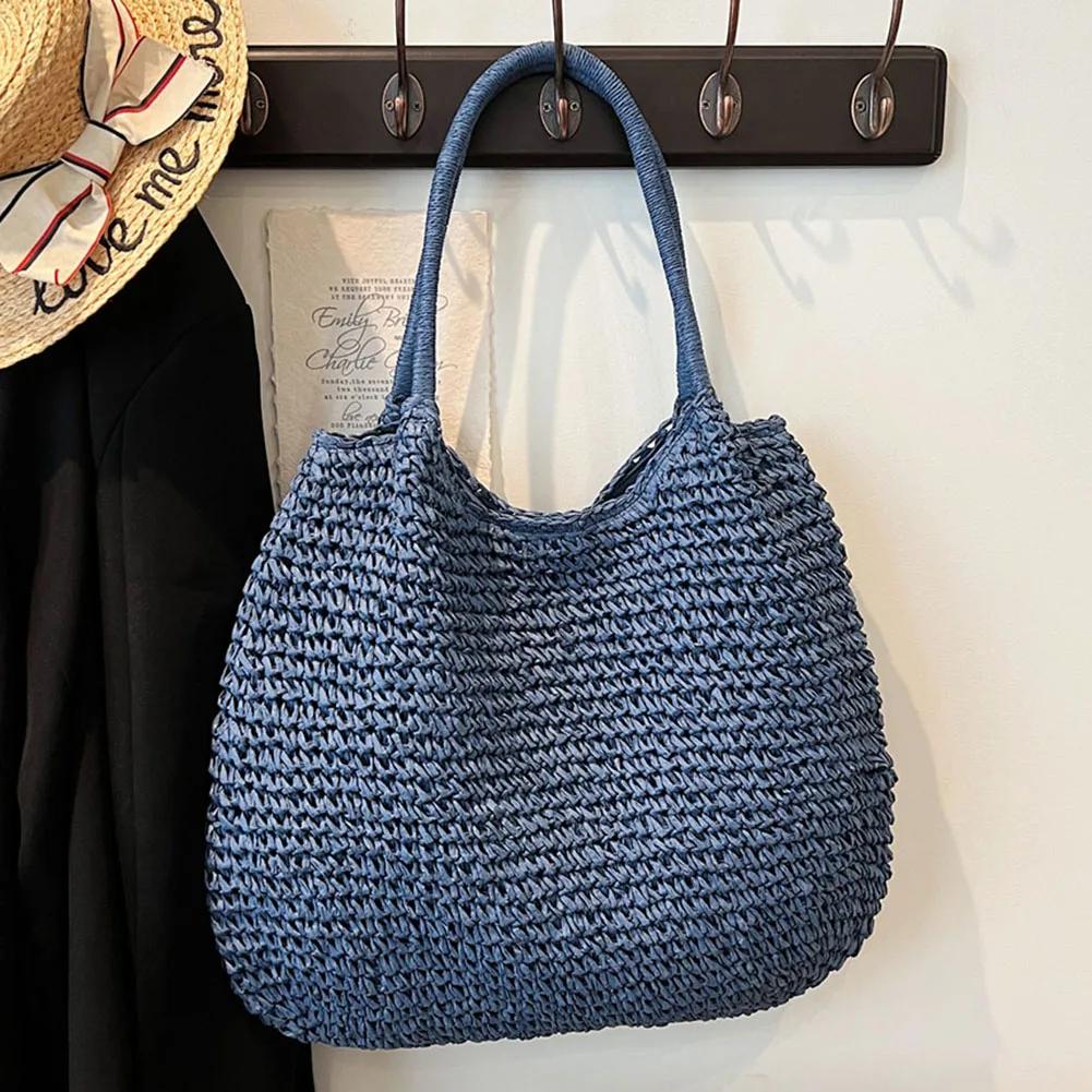Women Straw Tote Handbag Large Capacity Vintage Shoulder Bag Solid Color Crochet Beach Handbag Ladies Summer Daily Bag
