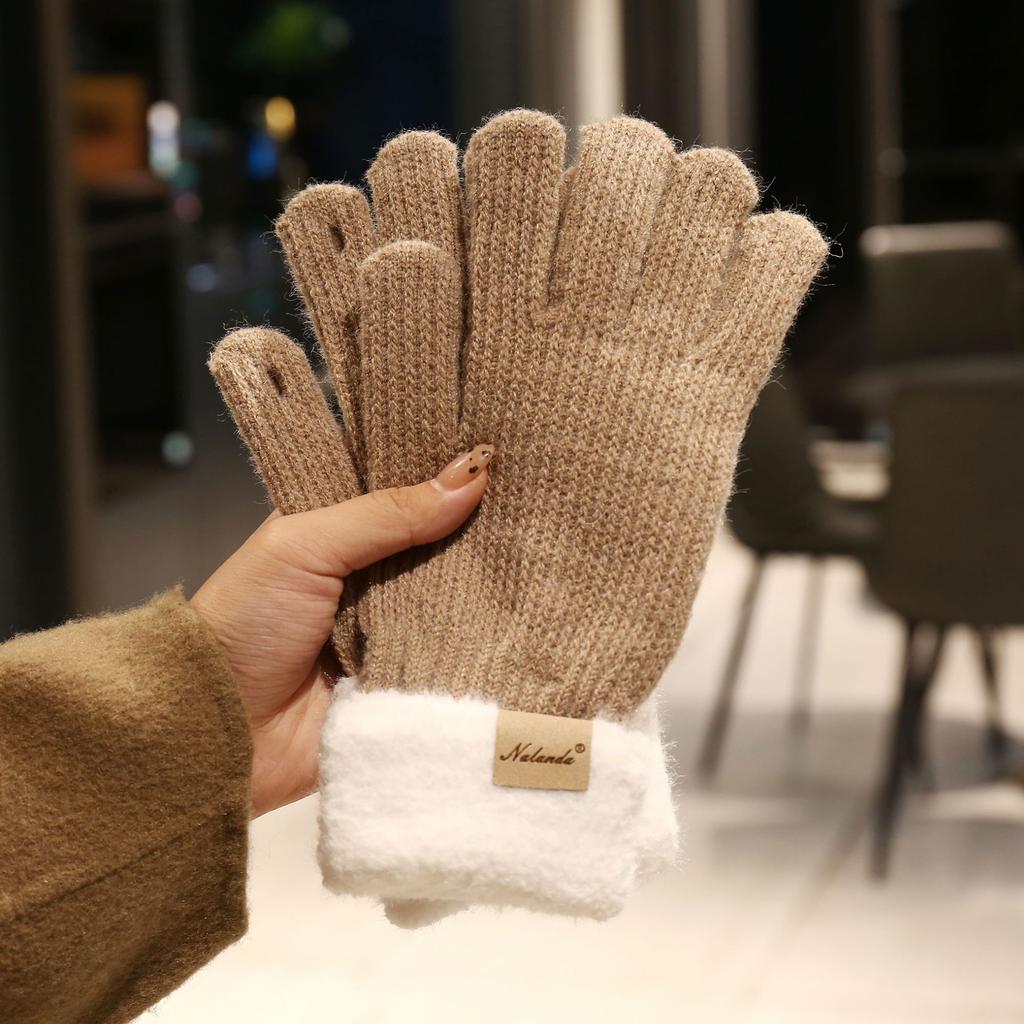 New Women's Thickened Thermal Gloves Winter Simple Plush Splicing Versatile Dew Finger Knitted Gloves