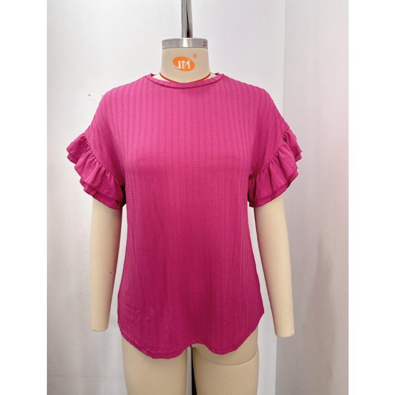 Spring and Summer Solid Color Round Neck Lotus Leaf Sleeve Short Sleeved Women's T-shirts Top