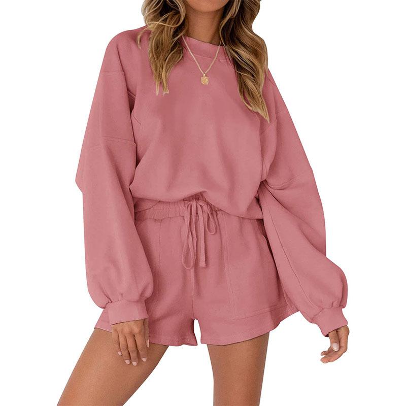 Women Casual Two Piece Sports Set Long Sleeve Top And Shorts