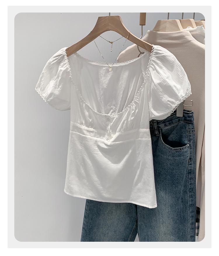 Chic French White Short-Sleeve Bubble Collar Top for Women