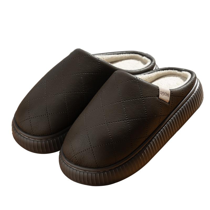 New high-end PU leather slippers autumn and winter couples indoor home velvet warm soft bottom non-slip cotton slippers