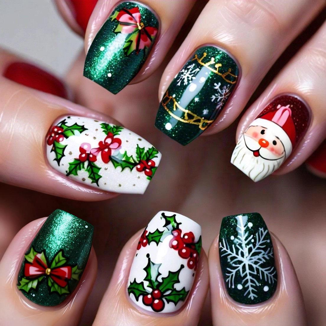Removable Christmas Nail Art Stickers: Santa, Holly Berries & Snowflakes