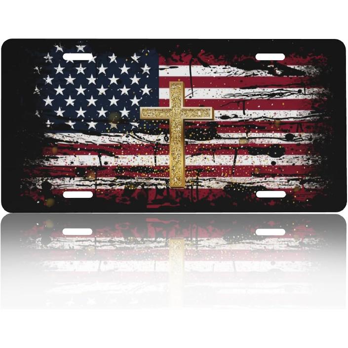 Front License Plate Cover – Aluminum Metal Car Accessory, Rust-Proof Novelty Vanity Tag Decor For Men & Women, 6X12 With 4 Holes - Cross American