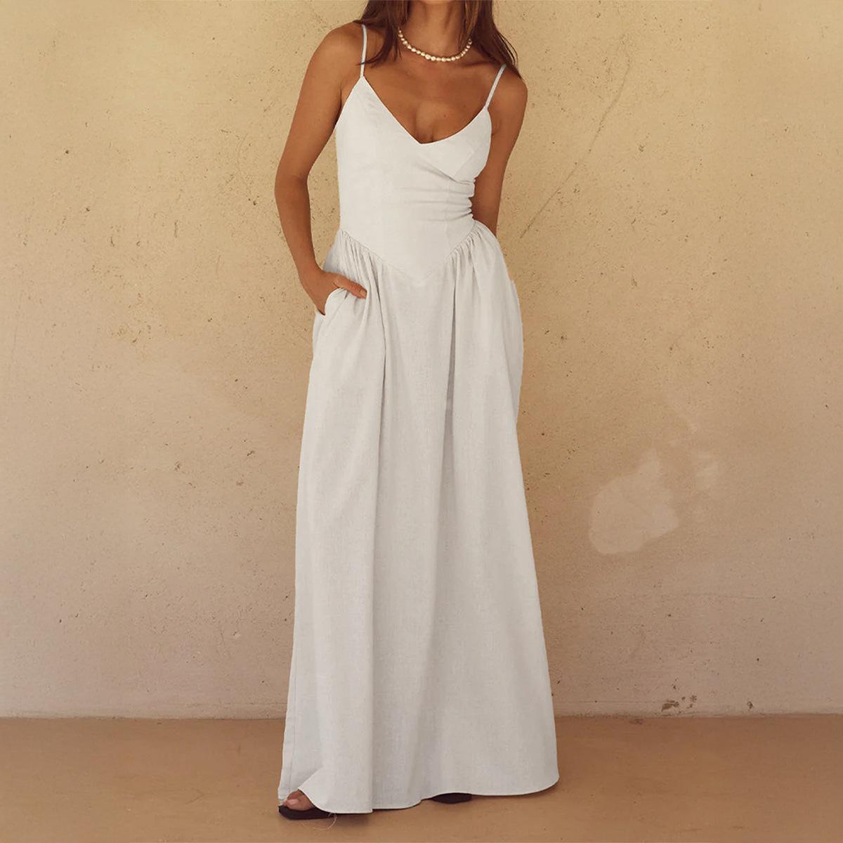 Cross-border Europe, America, elegant and simple suspender V-neck waist dress women s clothing  spring and summer  independent station S абрикосовый