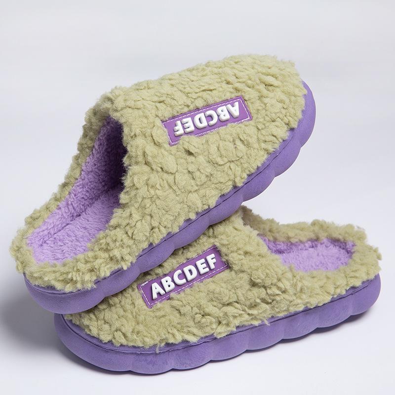 New letter-marked cotton slippers men's solid color simple velvet thickened winter home warm feet couple slippers