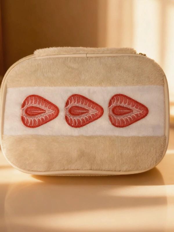 Women's Plush Embroidered Strawberry Cosmetic Bag - High Capacity & Quality