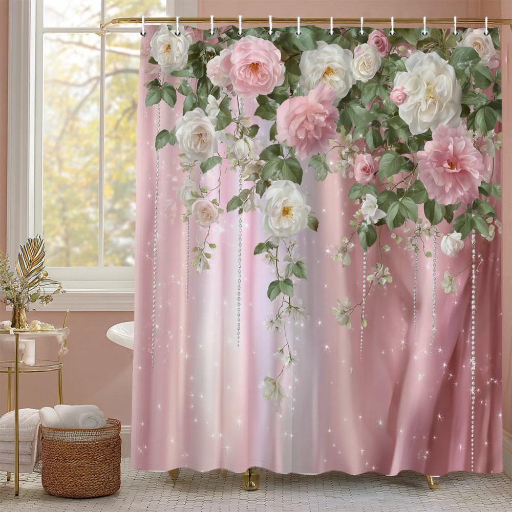 Rose Floral Pink Curtain Shower Curtain,Flowers Bathroom Decorative Shower Curtain, Printed Polyester Curtain with Hooks