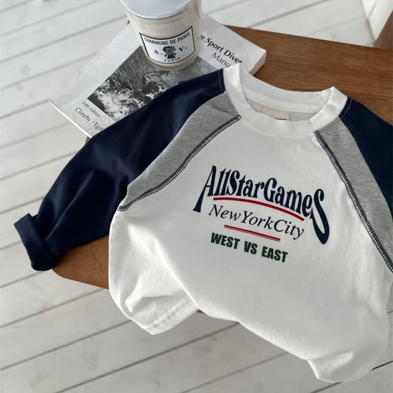 Boys Cotton Long Sleeve T Shirt Colorblock Loose Fit Casual Top Spring Autumn American 80
