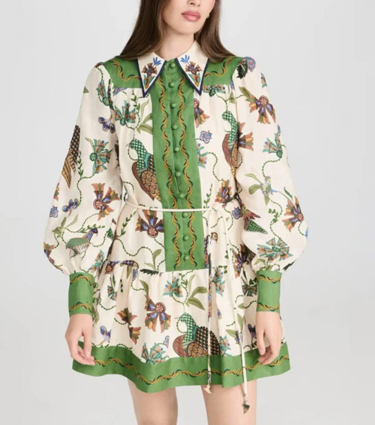 2026 new European and American women s clothing lace-up printed lapel long-sleeved pleated European and American dress S