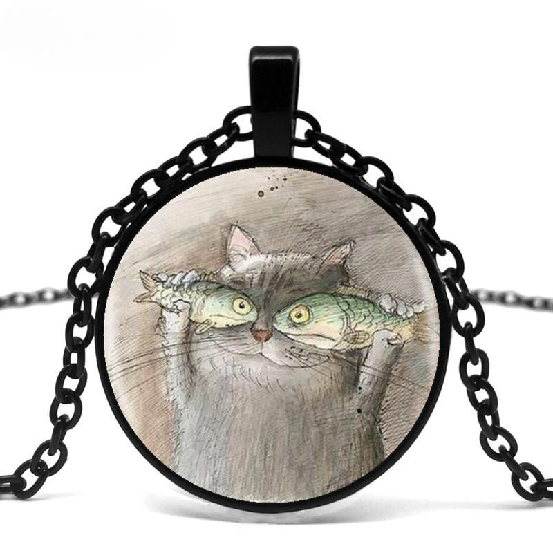 

Горячая Распродажа, Милый Кот Рыба Один Портрет, Милый Яркий Стеклянный Кулон Ожерелье Ювелирное Изделие. серебряный