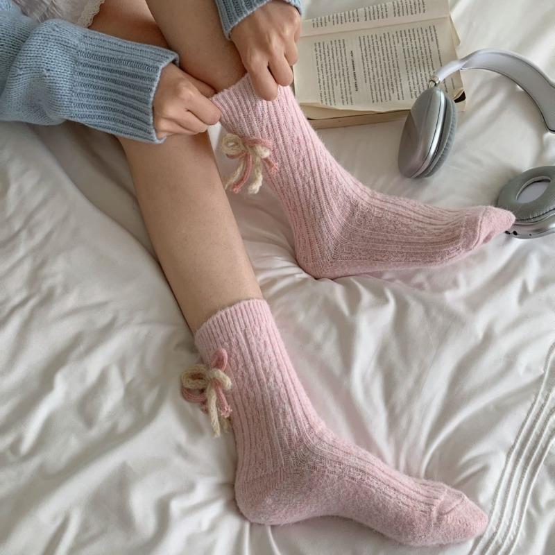 Bows Wool Socks - Children's Mid-length Socks, Suitable for Autumn and Winter, Thick and Warm, Pile-style Socks