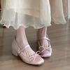 Blue Cabinet Heightening Pink Satin Bow High Heel Mary Jane Shoes Women's Thick Heel Soft Sole Versatile Ballet Single Shoes Women