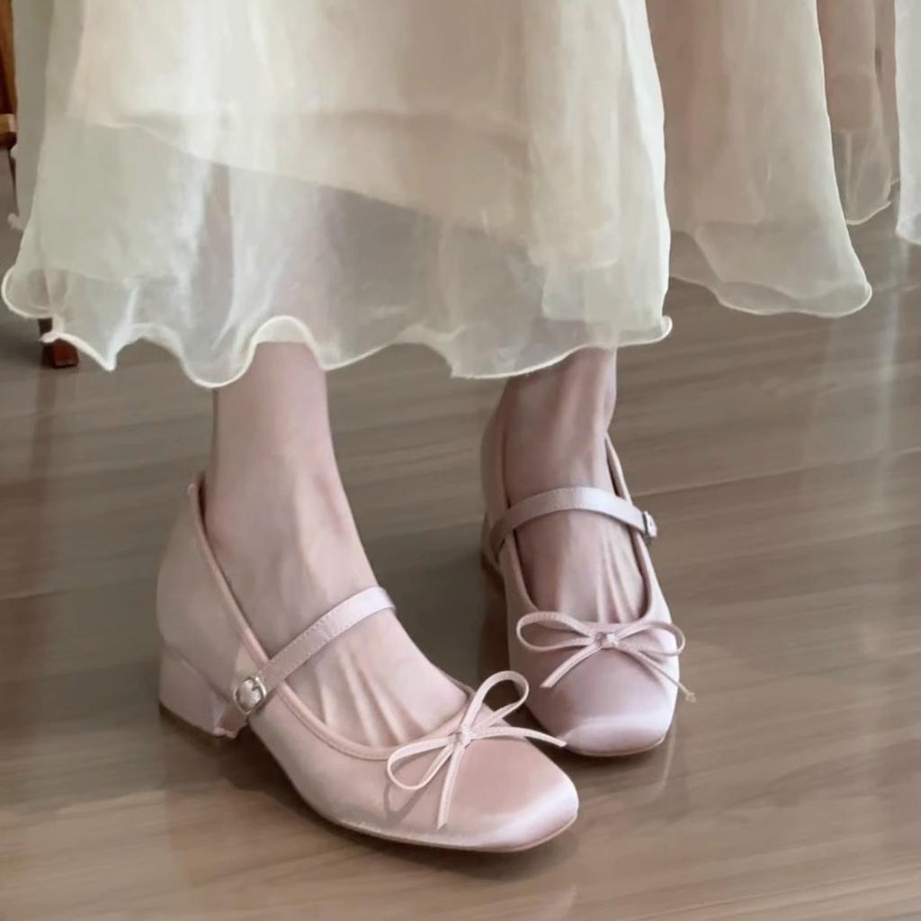 Blue Cabinet Heightening Pink Satin Bow High Heel Mary Jane Shoes Women's Thick Heel Soft Sole Versatile Ballet Single Shoes Women