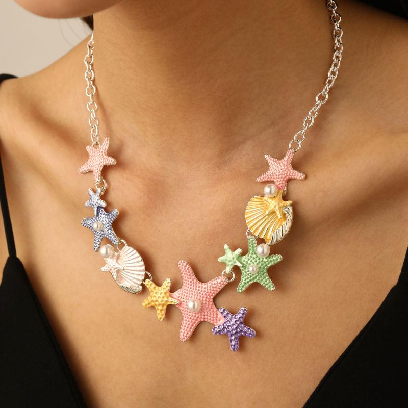 Ocean Necklace Colorful Starfish Seashell Multi Charm Silver Color Jewelry Mermaid Style Summer Beach Vacation Necklace Gift
