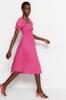 Women's Style Dress Fuchsia Skater Midi Woven Dress with Balloon Sleeves Opening At the Waist