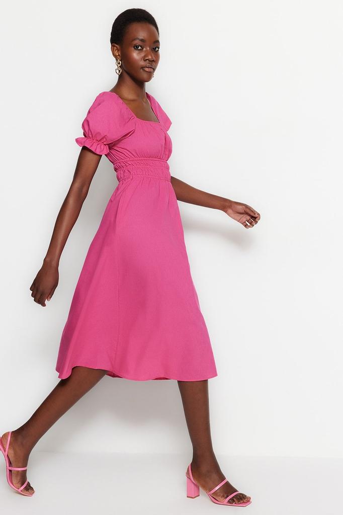 Women's Style Dress Fuchsia Skater Midi Woven Dress with Balloon Sleeves Opening At the Waist