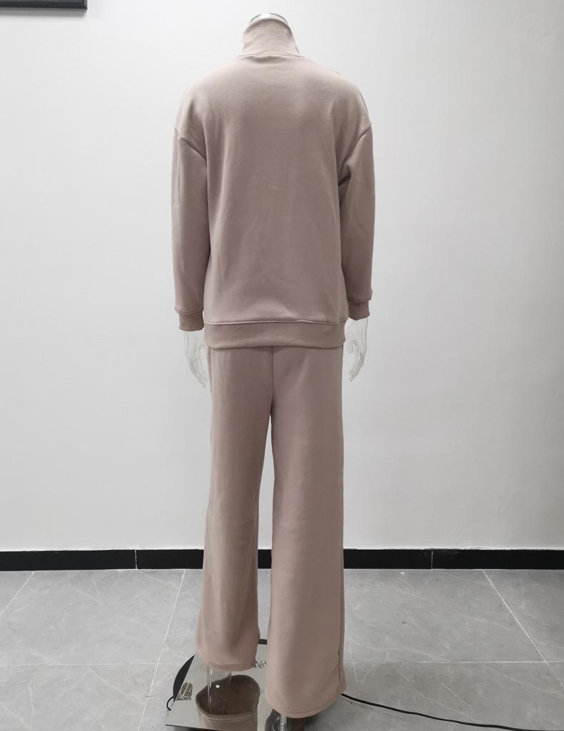 2025 European Style Brown Two-Piece: Long Sleeve High Neck Hoodie & Elegant Wide-Leg Pants
