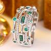 Green Crystal Multilayer Stone Geometric Zircon Rings For Women Vintage CopperColor Engagement Band Wedding Jewelry Accessories