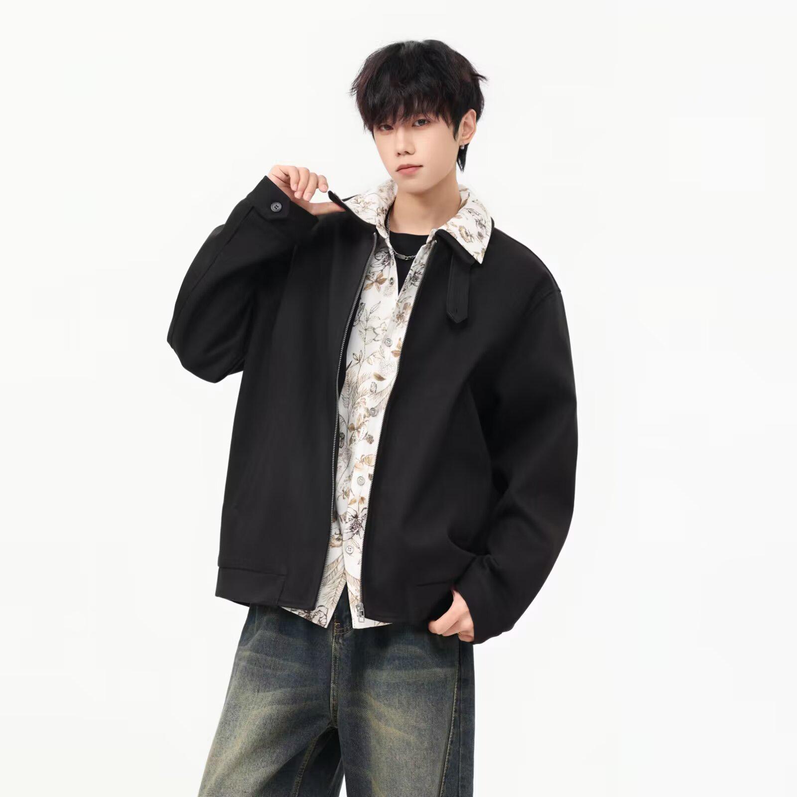 Unisex Retro Woolen Lapel Zipper Jacket - Faux Two-Piece Design for Autumn/Winter Casual Wear 2XL чёрный