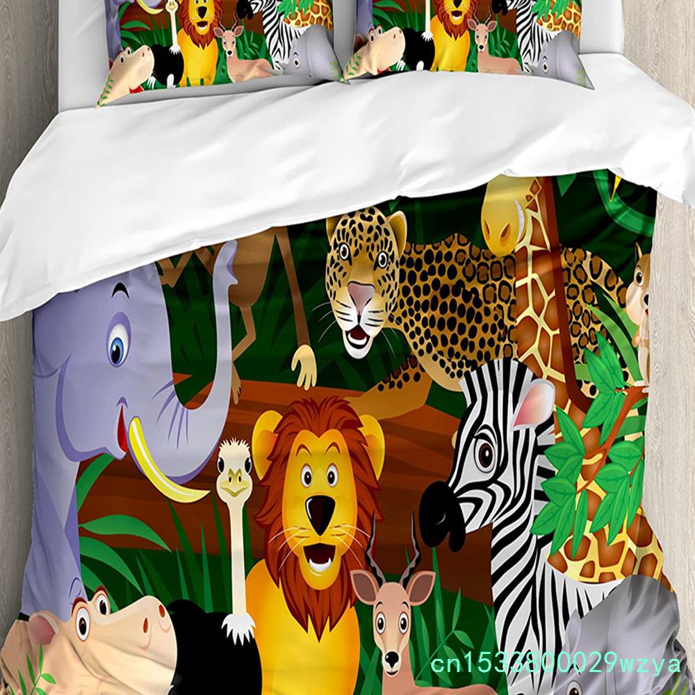 Nursery Bedding Set Comforter Duvet Cover Pillow Shams Funny Playful Jungle Animals Wildlife Mammal Bedding Cover Double Bed Set