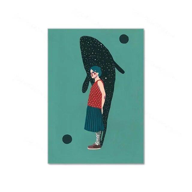 Stampa Poster Illustrazione Vita Quotidiana Donna Pesce Giaguaro Arte da Parete Pittura su Tela Soggiorno Casa Immagine Personalizzabile