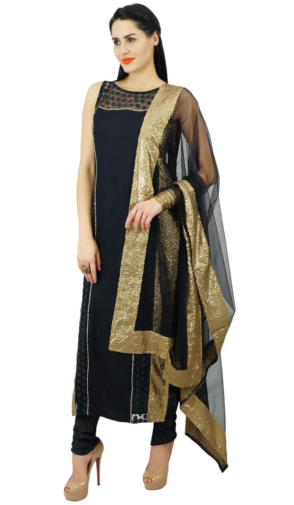 Atasi Womens Black Net Straight Kurti Salwaar Kameez with Dupatta Readymade