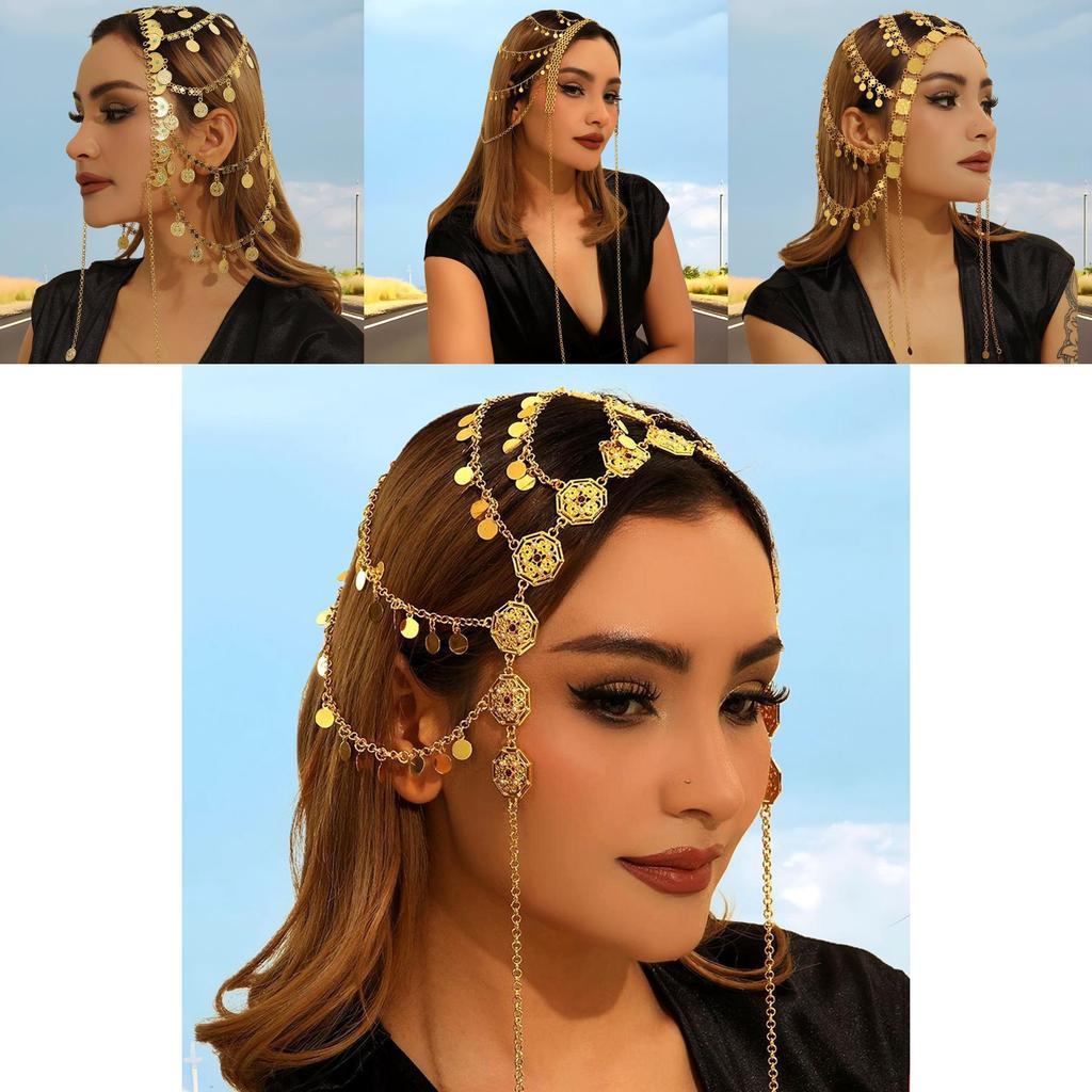 Middle Eastern Style Golden Headpiece With Tassels And Coin For Women And Festive Events