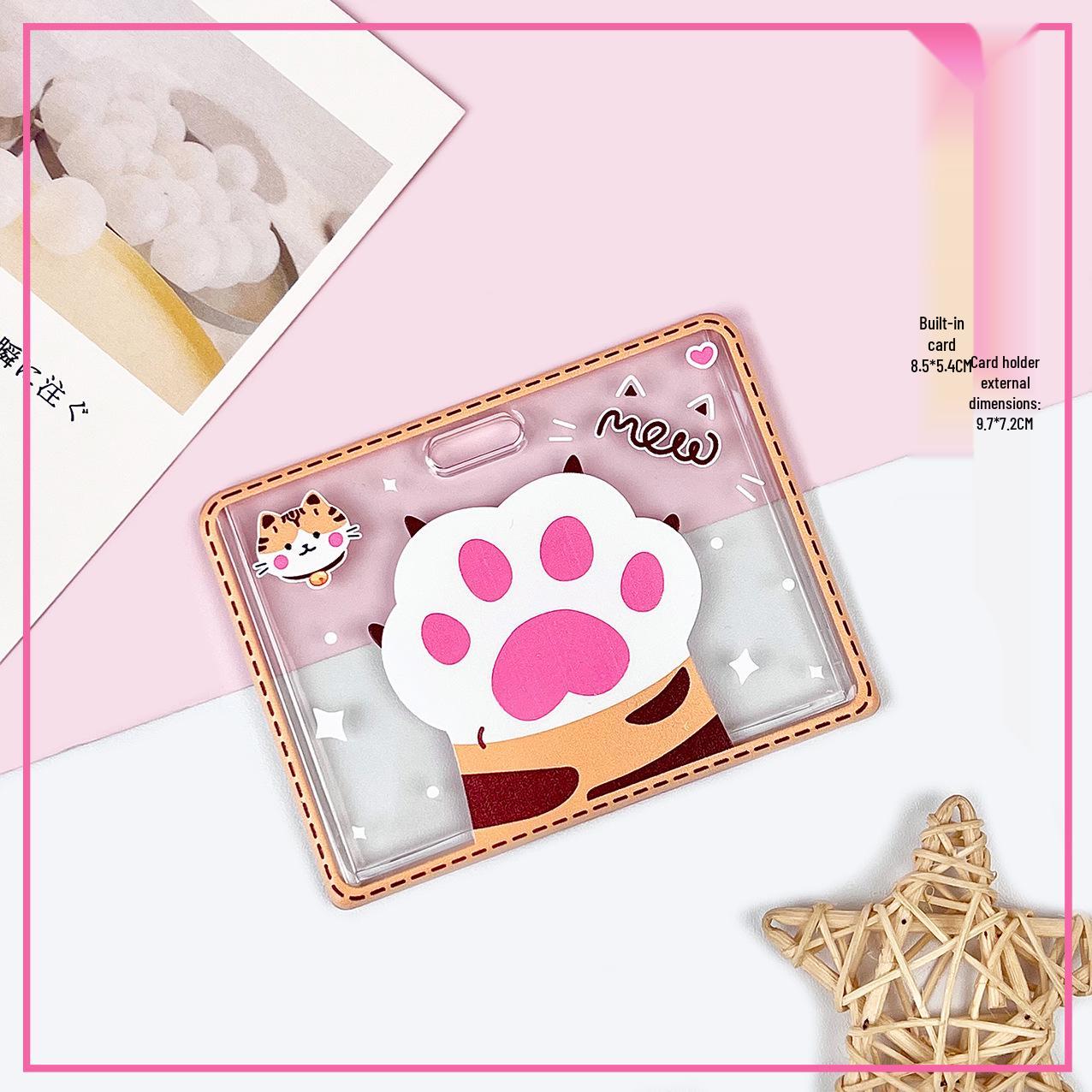 Horizontal Transparent Cat Paw ID Card Holder - Cute Cartoon Protective Case for Students