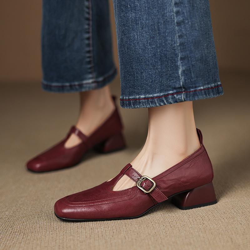Fashion 2025 Women's Shoes Style T-strap Mid-heel Loafers Leisure Soft Comfortable Retro High Quality Female Moccasins Shoes for Woman