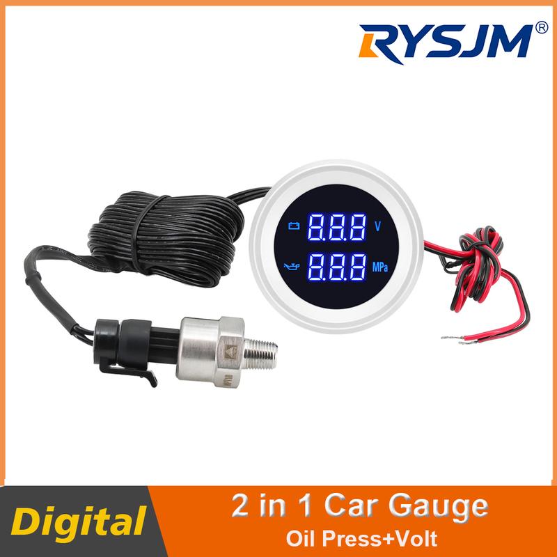 2" 52mm Oil Press+Voltmeter with Oil Pressure Sensor Blue LED Digital Voltage Volt Meter 2 in 1 Gauge for Racing Car Boat 12V24V
